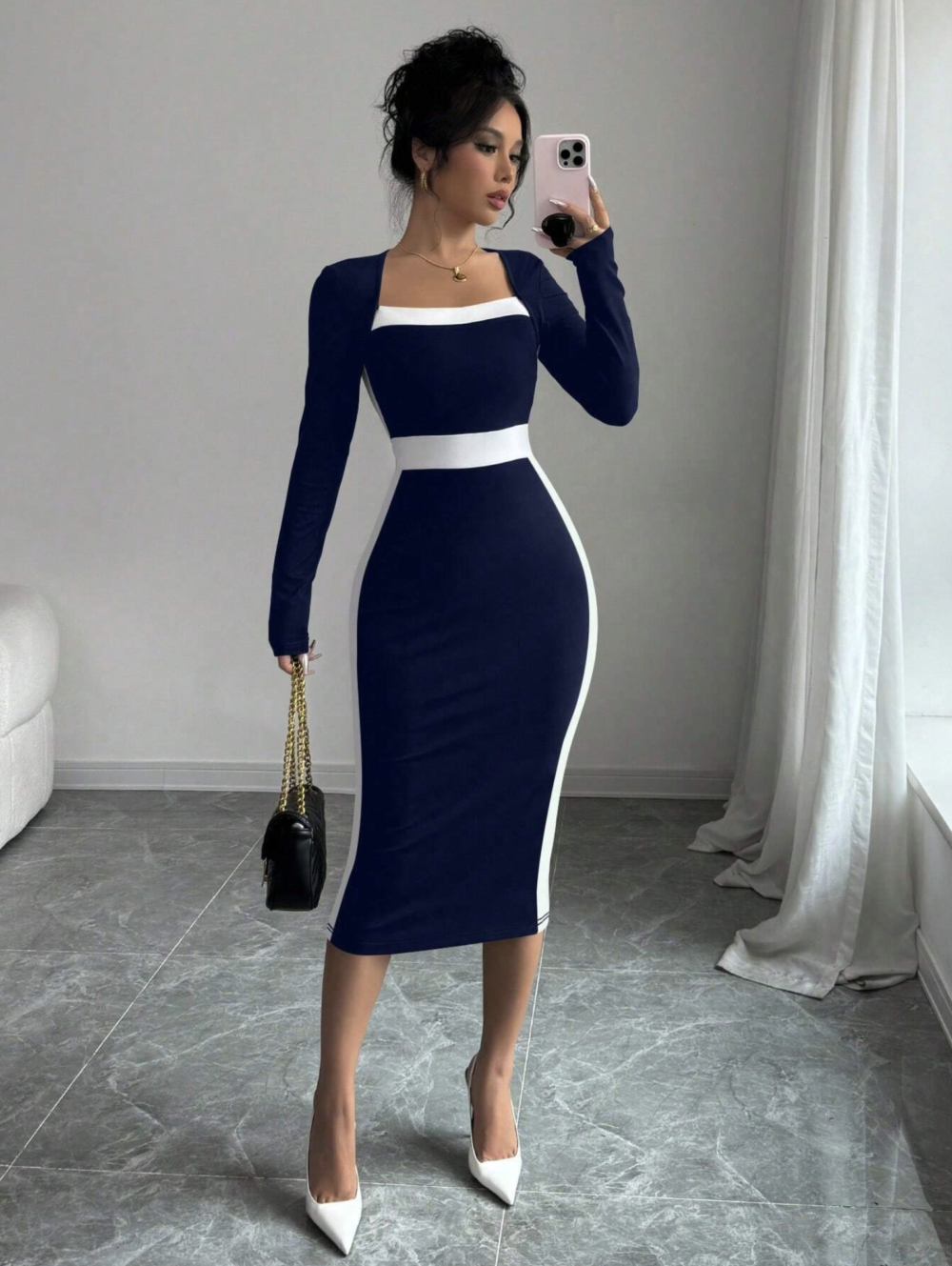 Elenzga Square Neck Color Block Fitted Sexy Women Dress Maxi Women Outfit